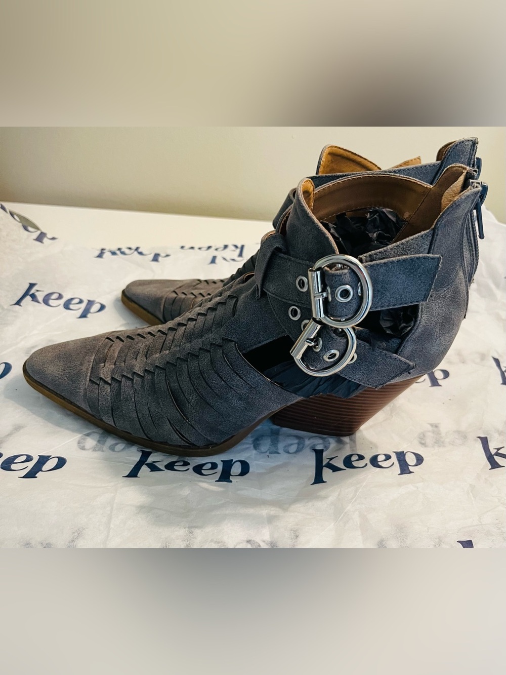 Qupid Gray Woven Suede Ankle Booties with Buckle